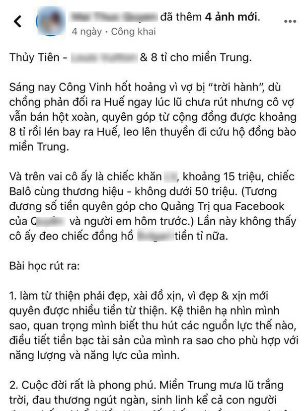 Nữ MC bị chỉ trích mạnh mẽ vì đăng status mỉa mai, bóc giá kém duyên đồ Thuỷ Tiên mặc khi đi cứu trợ miền Trung - Ảnh 2.