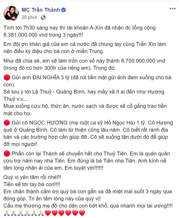 Thủy Tiên và Trấn Thành công khai tổng số tiền quyên góp cán mốc gần 70 tỷ đồng, tiếp tục hành trình cứu trợ ở Quảng Bình - Ảnh 2.