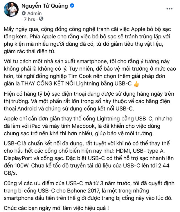 CEO BKAV Nguyễn Tử Quảng nhắn nhủ đồng nghiệp Tim Cook: Hãy thay thế cổng Lightning trên iPhone bằng USB-C - Ảnh 2.