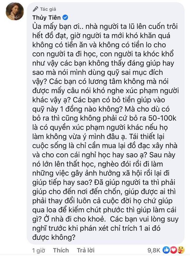 Bị phản đối vì trợ cấp học phí cho trẻ em vùng lũ, Thuỷ Tiên đáp trả cực căng: Các bạn vui lòng suy nghĩ trước khi phán xét - Ảnh 3.