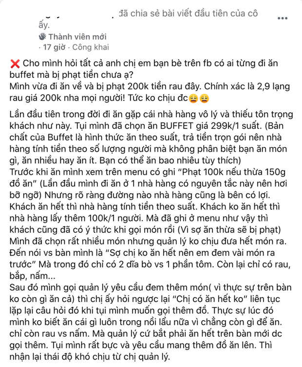 Ăn buffet bị phạt 200k vì thừa bó rau muống, thực khách đăng bài tố: Tôm thịt cá không có, còn rau bắt dùng hết nghĩ có ức không? - Ảnh 1.