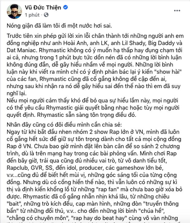 Sau nghi vấn phát ngôn cà khịa King Of Rap, Rhymastic đăng đàn xin lỗi: Nóng giận đã làm tôi đi một nước hơi sai - Ảnh 4.
