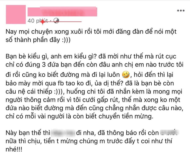 Xôn xao chuyện cô dâu đăng status mời cưới trên Facebook rồi bóc phốt bạn bè vì chỉ có 3 đứa đến dự, dân tình nổ ra tranh cãi - Ảnh 1.