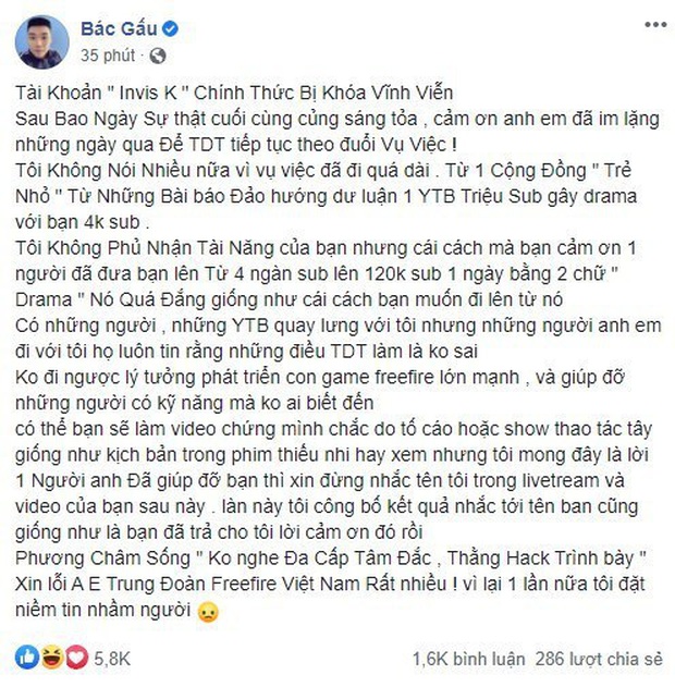 Tài khoản Invis K chính thức bị khóa, Bác Gấu chốt hạ muốn kết thúc drama, cộng đồng Free Fire lại lót dép hóng drama - Ảnh 3.