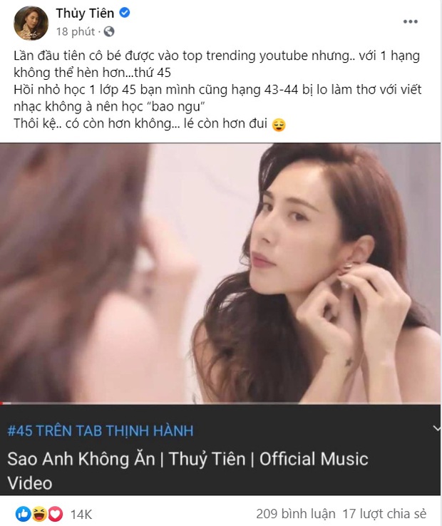 Lần đầu lọt top trending YouTube, Thuỷ Tiên phải công nhận thứ hạng không thể hèn hơn nhưng lại rất biết cách an ủi bản thân - Ảnh 1.