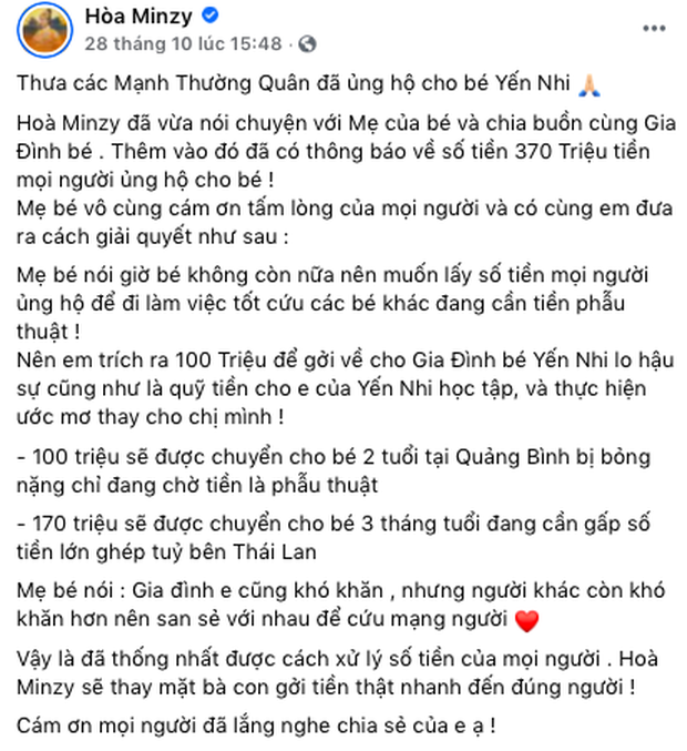 Hoà Minzy lên tiếng sau khi bị netizen bàn tán chuyện liên tục kêu gọi quyên góp từ thiện: Đúng là làm việc gì, cái tâm là chưa đủ! - Ảnh 4.