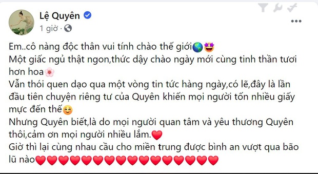 Góc hoang mang: Sau khi lộ ảnh ra về cùng trai trẻ kém 12 tuổi, Lệ Quyên lại xác nhận độc thân trên trang cá nhân - Ảnh 2.