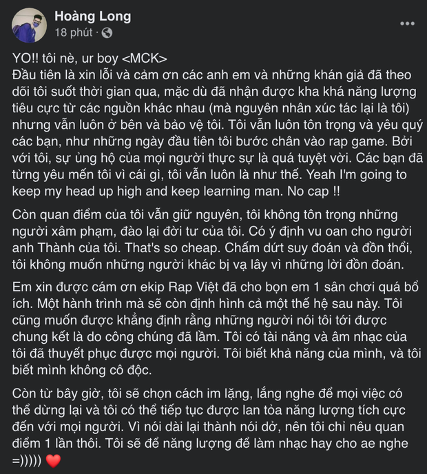 2 rưỡi sáng, MCK đăng tâm thư khẳng định: Những người nói tôi tới được Chung kết là do công chúng đã lầm - Ảnh 2.