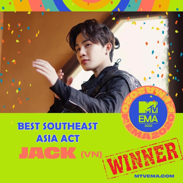 Jack chiến thắng giải Nghệ Sĩ Đông Nam Á xuất sắc nhất tại MTV EMA 2020 sau Mỹ Tâm, Đông Nhi, Sơn Tùng M-TP - Ảnh 3. Jack chiến thắng giải Nghệ Sĩ Đông Nam Á xuất sắc nhất tại MTV EMA 2020 sau Mỹ Tâm, Đông Nhi, Sơn Tùng M-TP - Ảnh 3.