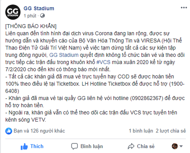 GG Stadium thông báo không cho khán giả vào xem trực tiếp VCS Mùa Xuân, hoàn tiền vé 100% - Ảnh 1.