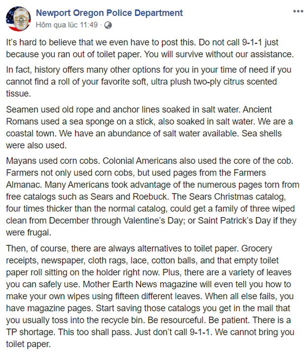 Cảnh sát Mỹ hướng dẫn tự chế giấy toilet vì người dân cứ gọi 911 để báo cáo... hết giấy vệ sinh - Ảnh 1.