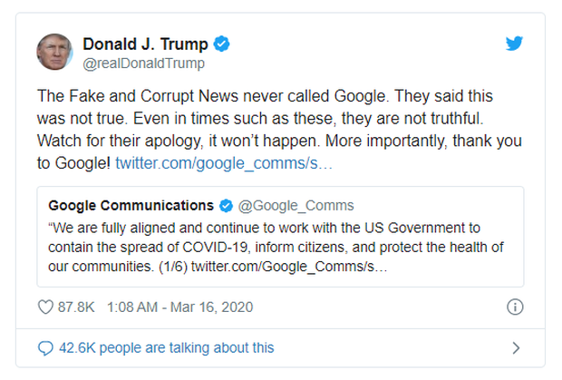 CEO Google phải gọi điện cho tổng thống Donald Trump để xin lỗi sau vụ liên quan Covid-19 - Ảnh 2.