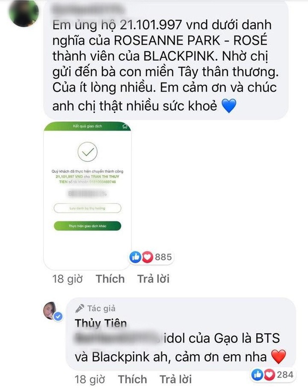 Quá phấn khích: Fan Rosé (BLACKPINK) khoe quyên góp 21 triệu, Thuỷ Tiên đáp lại và tiết lộ luôn idol Kpop Bánh Gạo cực mê - Ảnh 3.