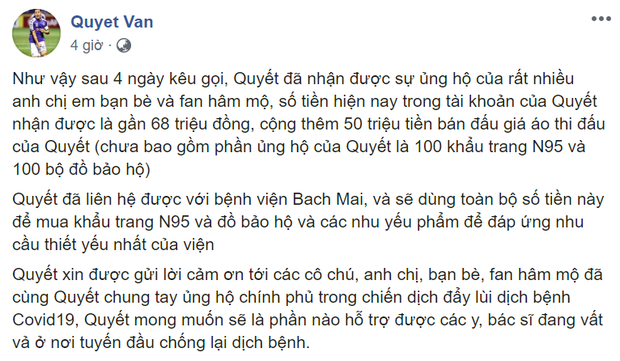 Tiền đạo Văn Quyết bán vật kỷ niệm vô địch AFF Cup, quyên tiền mua thiết bị y tế và nhu yếu phẩm cho bệnh viện Bạch Mai - Ảnh 2.
