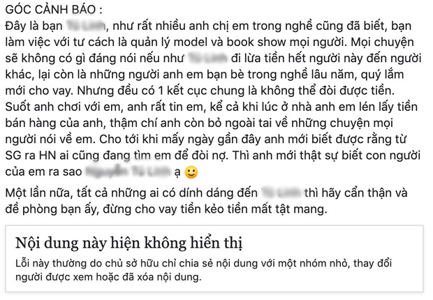 Biến showbiz: Xuất hiện con nợ là bầu book show giới người mẫu, tổng số tiền quỵt lên đến hàng trăm triệu? - Ảnh 2. Biến showbiz: Xuất hiện con nợ là bầu book show giới người mẫu, tổng số tiền quỵt lên đến hàng trăm triệu? - Ảnh 2.