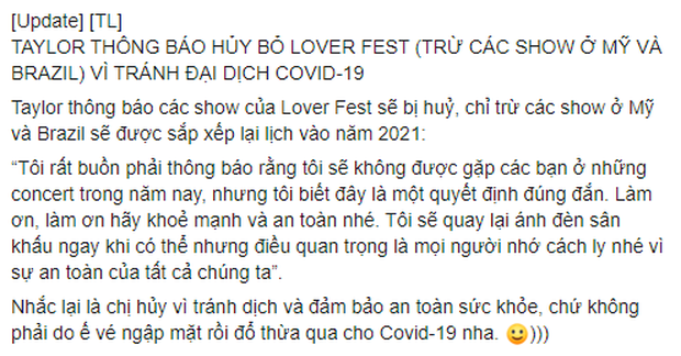 Taylor Swift huỷ bỏ tất cả các show diễn trong năm 2020, fan tiện thể cà khịa Justin Bieber vì huỷ show vì dịch chứ không phải vì ế vé? - Ảnh 3. Taylor Swift huỷ bỏ tất cả các show diễn trong năm 2020, fan tiện thể cà khịa Justin Bieber vì huỷ show vì dịch chứ không phải vì ế vé? - Ảnh 3.
