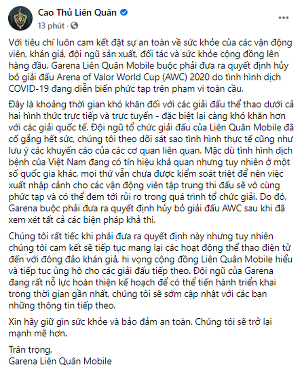 Nóng: Garena thông báo giải đấu Liên Quân quốc tế AWC 2020 bị hoãn vì Covid-19 - Ảnh 2.