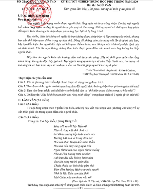 Đề thi tham khảo kỳ thi tốt nghiệp THPT Quốc gia 2020 môn Ngữ Văn - Ảnh 1.