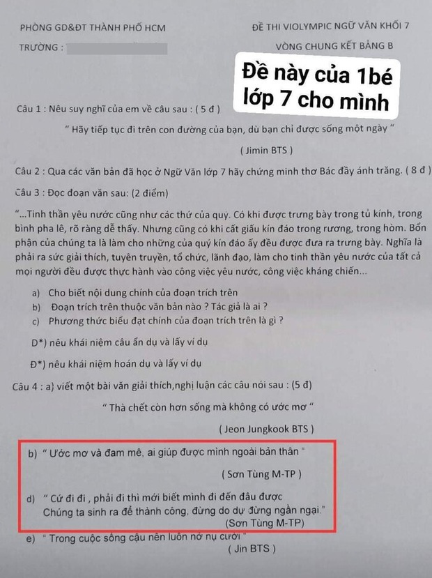 Gây bão làng nhạc quốc tế, Sơn Tùng M-TP và BTS bất ngờ xuất hiện trong đề kiểm tra Văn lớp 7 - Ảnh 1.