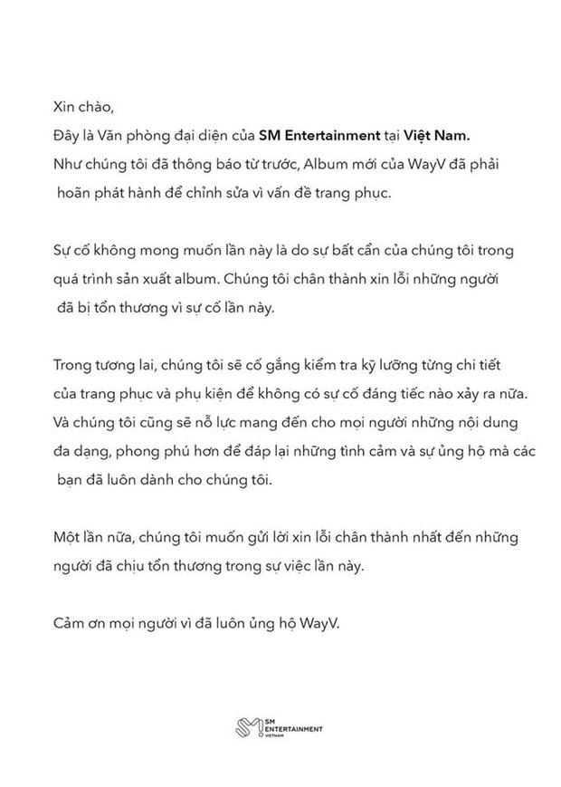 SM Entertainment chính thức xin lỗi fan Việt sau lùm xùm sự cố trang phục của WayV ám chỉ tội ác chiến tranh - Ảnh 4.