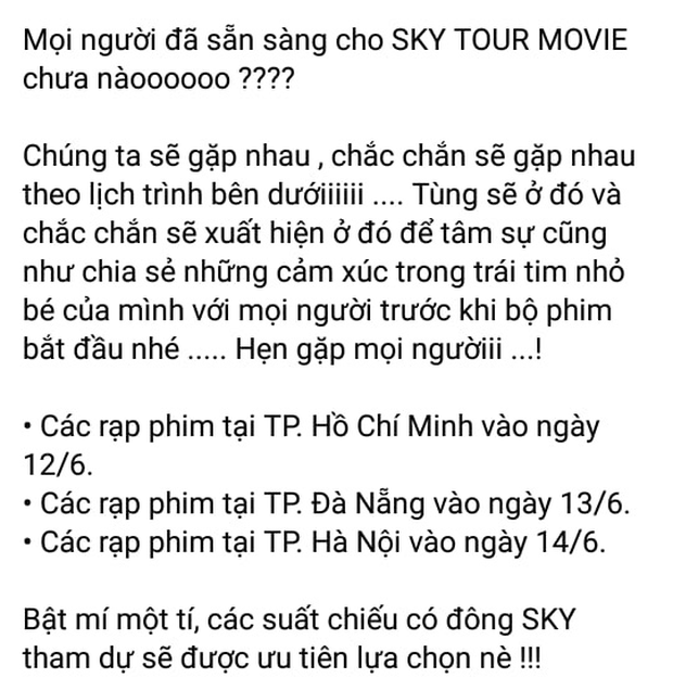 Sơn Tùng M-TP vừa thả thính sương sương, fan Hà Nội - Sài Gòn đã thi nhau lấp đầy rạp ủng hộ SKY TOUR ngày công chiếu - Ảnh 2.