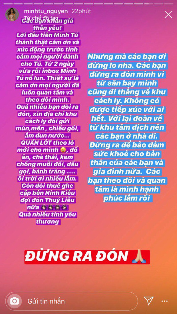 Cận ngày từ Bali trở về, Minh Tú năn nỉ fan đừng ra sân bay đón và không nhận lương thực tiếp tế: Lí do là gì đây? - Ảnh 3.