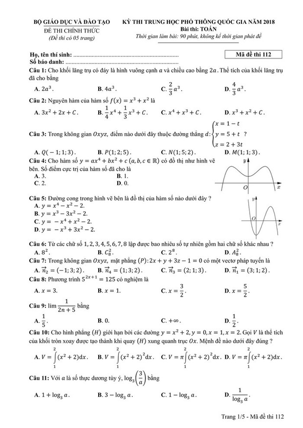 Đáp án và đề thi THPT Quốc gia môn Toán 3 năm gần nhất - Ảnh 8.