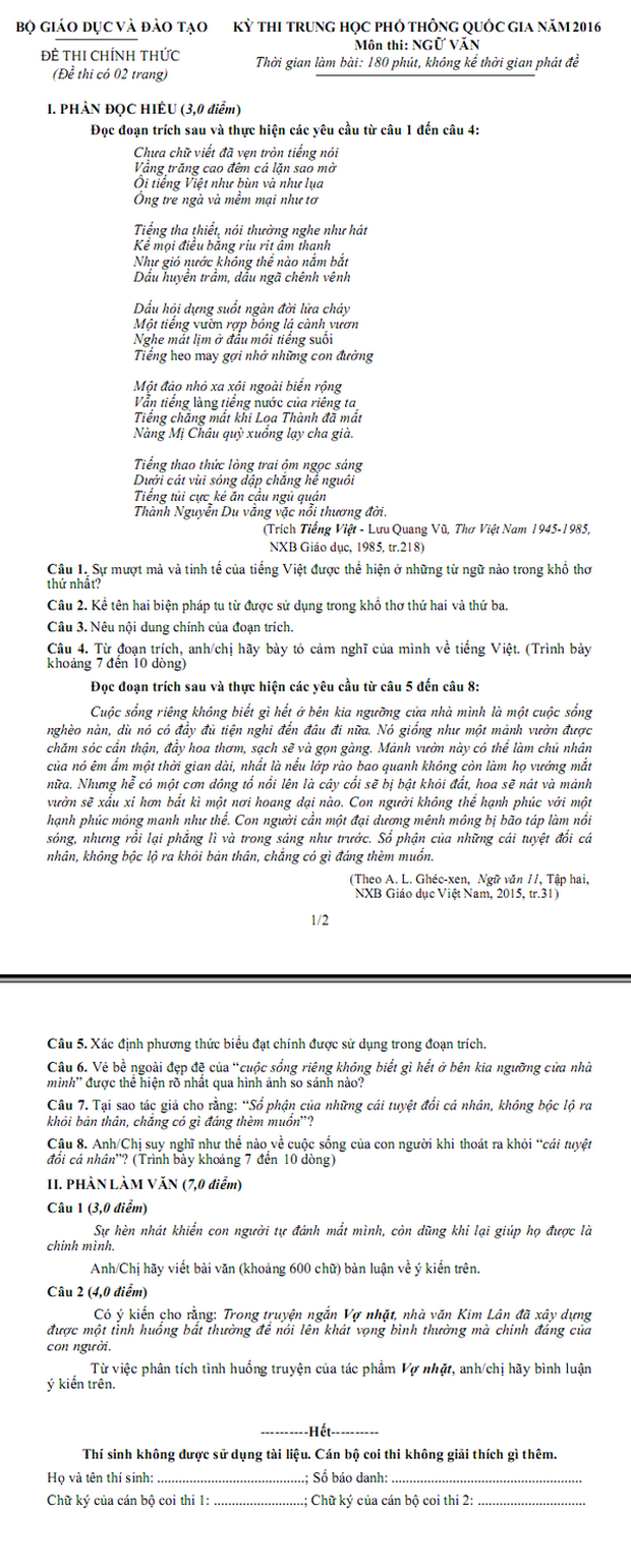 Đề thi và đáp án THPT Quốc gia môn Ngữ Văn từ 2016 đến 2019 - Ảnh 1.