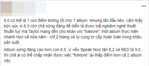Pitchfork cuối cùng đã chấm điểm folklore của Taylor Swift: người cho rằng vẫn thấp, kẻ đánh giá vậy là xứng đáng rồi? - Ảnh 5. Pitchfork cuối cùng đã chấm điểm folklore của Taylor Swift: người cho rằng vẫn thấp, kẻ đánh giá vậy là xứng đáng rồi? - Ảnh 5.