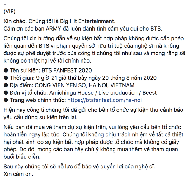 Big Hit đưa ra cảnh báo vi phạm bản quyền, yêu cầu ngừng tổ chức sự kiện Fanfest tại Việt Nam bằng cả 3 thứ tiếng Hàn - Anh - Việt - Ảnh 4. Big Hit đưa ra cảnh báo vi phạm bản quyền, yêu cầu ngừng tổ chức sự kiện Fanfest tại Việt Nam bằng cả 3 thứ tiếng Hàn - Anh - Việt - Ảnh 4.