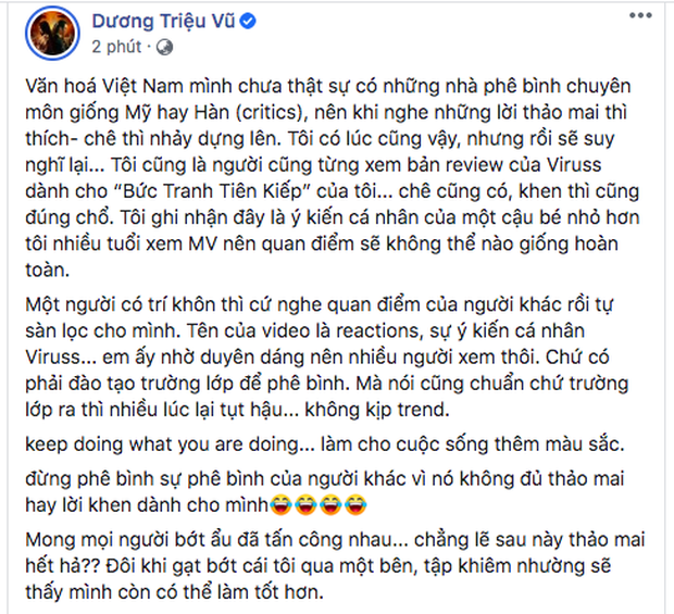 Giữa lùm xùm chỉ trích ViruSs, Dương Triệu Vũ lên tiếng bảo vệ: Đừng phê bình sự phê bình của người khác - Ảnh 1.