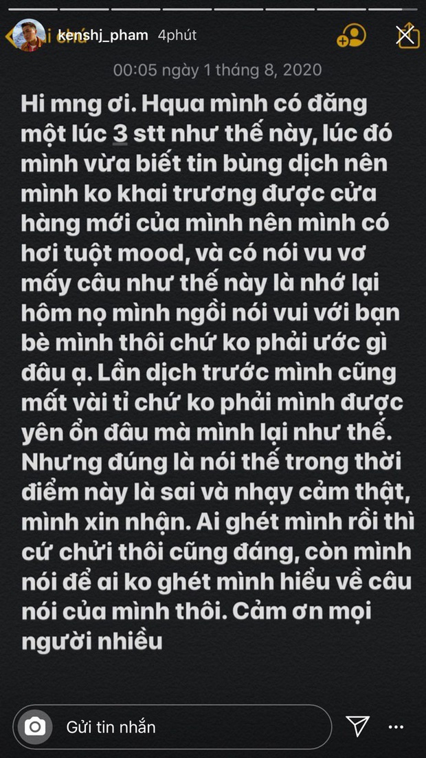 Nửa đêm bị réo tên vì phát ngôn vạ miệng mùa dịch, Kenshj Phạm lên tiếng: Chỉ là nói vui với bạn bè - Ảnh 3. Nửa đêm bị réo tên vì phát ngôn vạ miệng mùa dịch, Kenshj Phạm lên tiếng: Chỉ là nói vui với bạn bè - Ảnh 3.