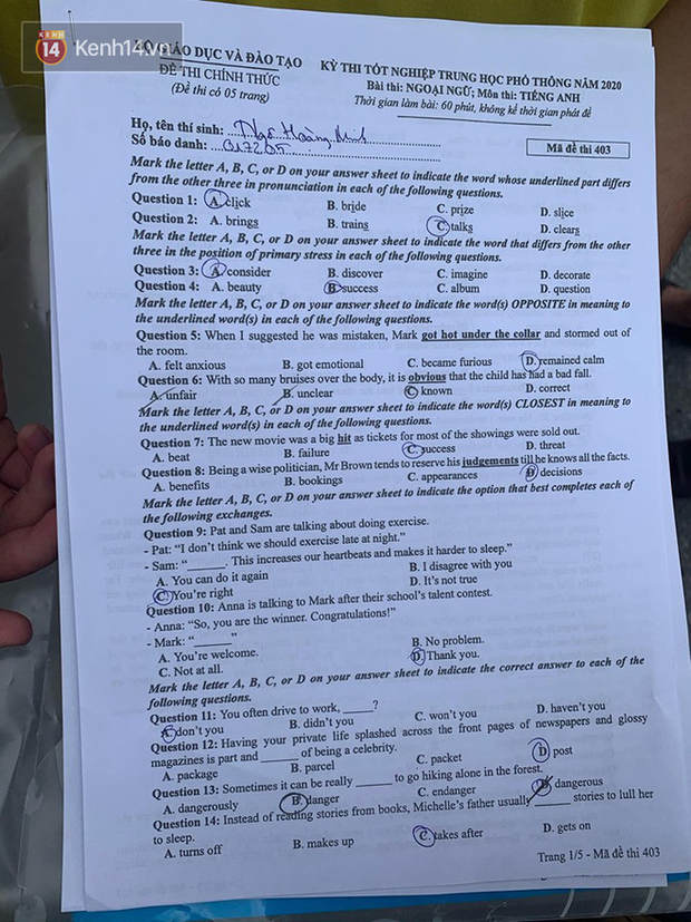 Đề thi tiếng Anh tốt nghiệp THPT Quốc gia 2020: Vừa sức, không khó, tự tin đạt 8, 9 - Ảnh 1.