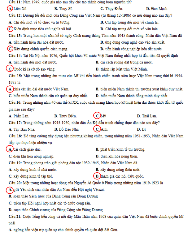 Đáp án đề thi môn Lịch sử tốt nghiệp THPT Quốc gia 2020 (24 mã đề) - Ảnh 20.