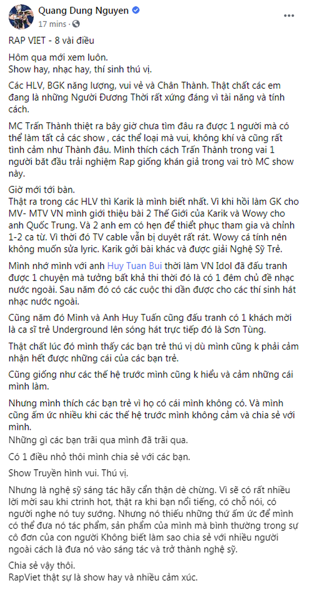 Đạo diễn Nguyễn Quang Dũng khen ngợi Rap Việt cũng không quên nhắn nhủ: Nghệ sĩ sáng tác hãy cẩn thận, dè chừng - Ảnh 3.
