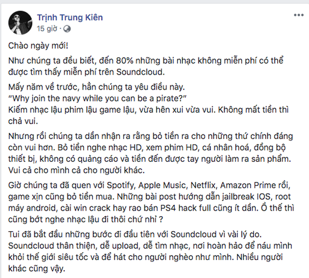 Tuyên bố xoá vĩnh viễn tài khoản Soundcloud, Kiên khẳng định: Không muốn sản phẩm của mình ở nơi cho phép nhạc lậu - Ảnh 1.