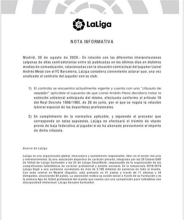 Chính thức: La Liga vào cuộc, tuyên bố đội nào muốn nhấc Messi phải chồng đủ 700 triệu euro - Ảnh 1. Chính thức: La Liga vào cuộc, tuyên bố đội nào muốn nhấc Messi phải chồng đủ 700 triệu euro - Ảnh 1.