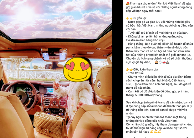 Một Fanpage rich kid Việt Nam đăng bài tuyển thành viên: Yêu cầu trên 12 tuổi, có ảnh chứng minh độ giàu và phí tham gia 5 triệu/ tháng - Ảnh 1. Một Fanpage rich kid Việt Nam đăng bài tuyển thành viên: Yêu cầu trên 12 tuổi, có ảnh chứng minh độ giàu và phí tham gia 5 triệu/ tháng - Ảnh 1.