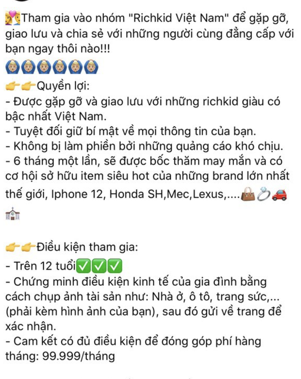 Một Fanpage rich kid Việt Nam đăng bài tuyển thành viên: Yêu cầu trên 12 tuổi, có ảnh chứng minh độ giàu và phí tham gia 5 triệu/ tháng - Ảnh 4. Một Fanpage rich kid Việt Nam đăng bài tuyển thành viên: Yêu cầu trên 12 tuổi, có ảnh chứng minh độ giàu và phí tham gia 5 triệu/ tháng - Ảnh 4.