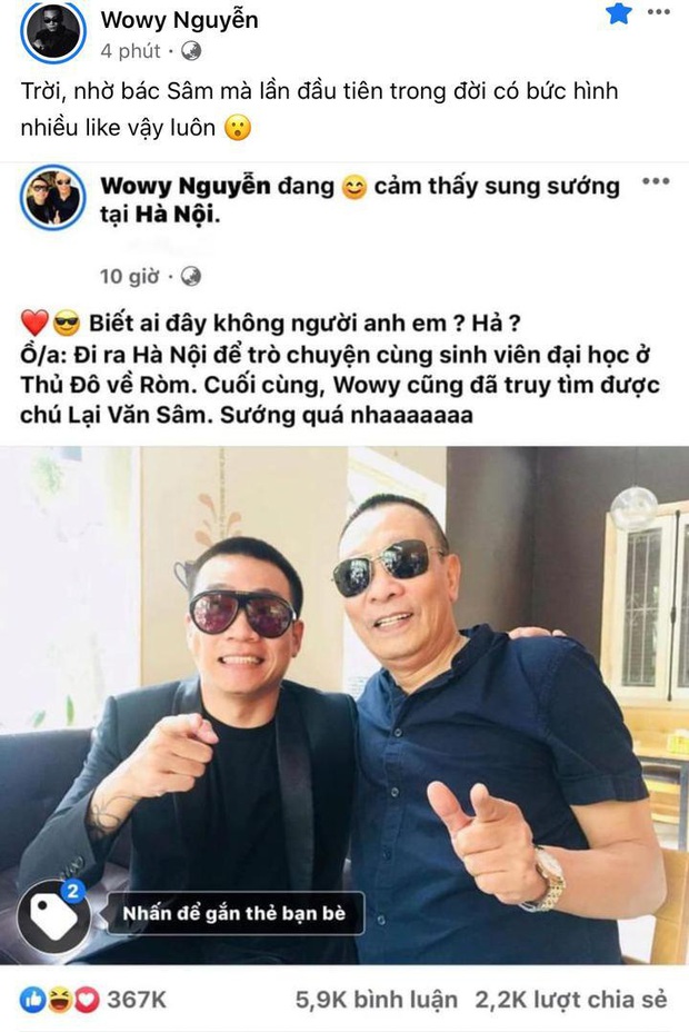 Sướng như Wowy: Vừa được gặp thần tượng Lại Văn Sâm, vừa có tấm hình nhiều like nhất trong đời - Ảnh 1. Sướng như Wowy: Vừa được gặp thần tượng Lại Văn Sâm, vừa có tấm hình nhiều like nhất trong đời - Ảnh 1.
