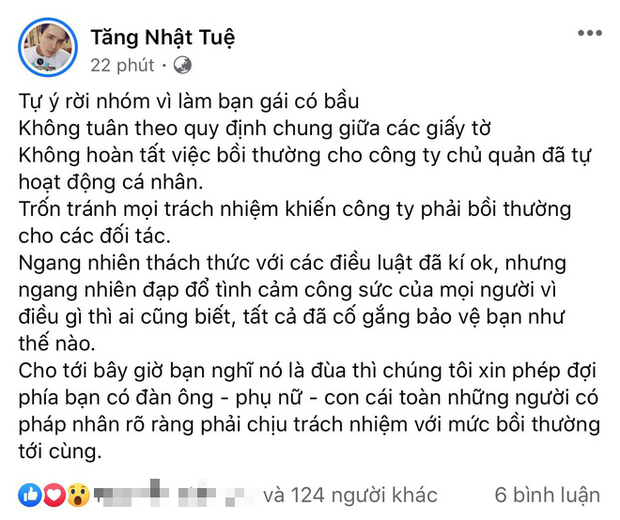 BIẾN CĂNG: Tăng Nhật Tuệ tố 1 nam ca sĩ tự ý rời nhóm vì làm bạn gái có bầu, không bồi thường cho công ty chủ quản - Ảnh 2.