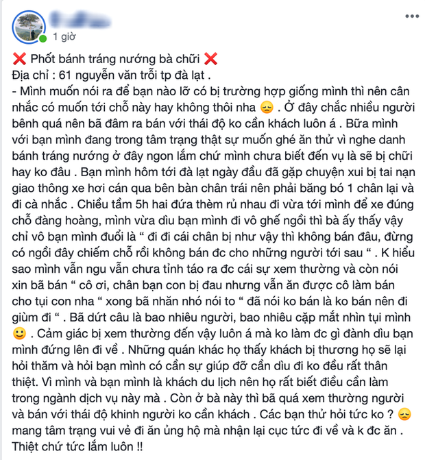 Bánh tráng nướng bà khùng Đà Lạt bị tố đuổi khách với lí do hết sức vô lý, cư dân mạng lên án đòi tẩy chay - Ảnh 1.