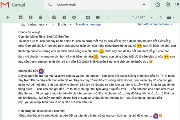 Wowy công khai bức thư của fan nhí 13 tuổi lần đầu viết rap, tiện thể... dọa đánh thí sinh Rap Việt nếu viết email không rõ ràng - Ảnh 5.