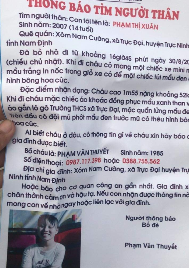 Nam Định: Con gái 14 tuổi mất tích bí ẩn, bố cầu cứu cộng đồng mạng giúp đỡ - Ảnh 1.