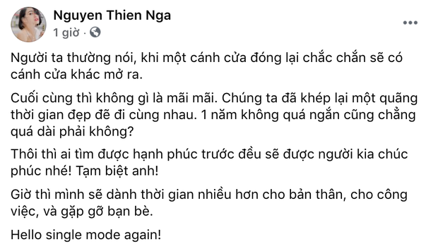 Thiên Nga công khai mình độc thân, viết tạm biệt anh giữa tin đồn Andree tái hợp Minh Tú - Ảnh 2.