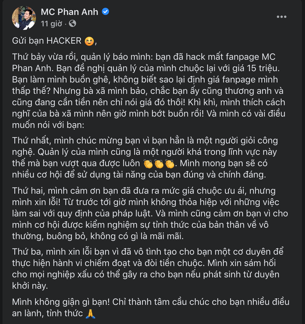 Fanpage MC Phan Anh tự dưng... mất hút, hacker báo giá tiền chuộc 15 triệu - Ảnh 2.