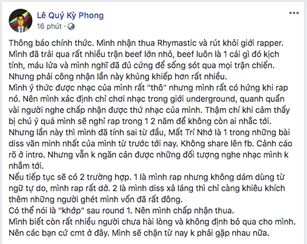 Sau tuyên bố rút khỏi giới rapper của Torai9, Rhymastic cũng đăng đàn... xin thua khép lại trận beef chóng vánh! - Ảnh 2.