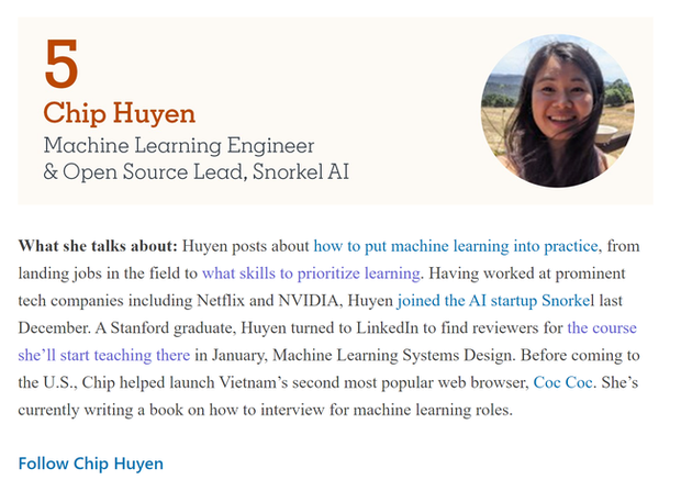 Huyền Chip, cô gái từng bị “ném đá” năm nào giờ đã lọt Top 5 người có tiếng nói nhất trên LinkedIn mảng AI, chuẩn bị làm giảng viên Stanford! - Ảnh 1.