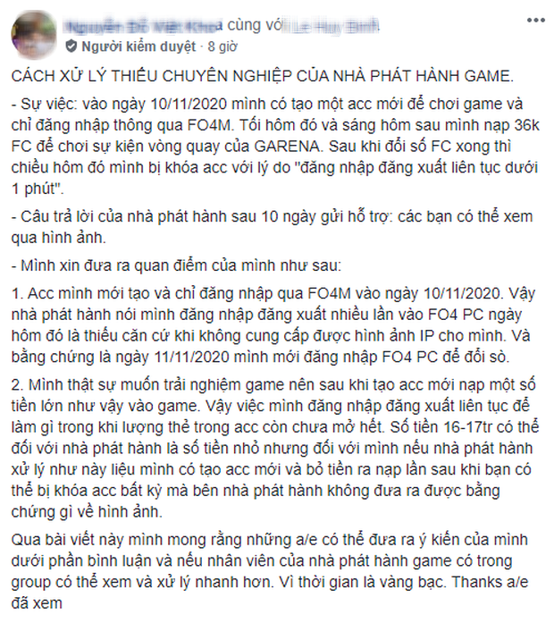 Bị khóa vĩnh viễn tài khoản đã đầu tư hàng chục triệu đồng, game thủ FIFA Online 4 bức xúc đòi Garena đưa bằng chứng kết tội - Ảnh 1.