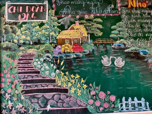 Học trò trổ tài vẽ tranh bảng phấn tri ân thầy cô, dân tình thán phục: Đẹp quá chẳng ai nỡ xoá đi! - Ảnh 3.